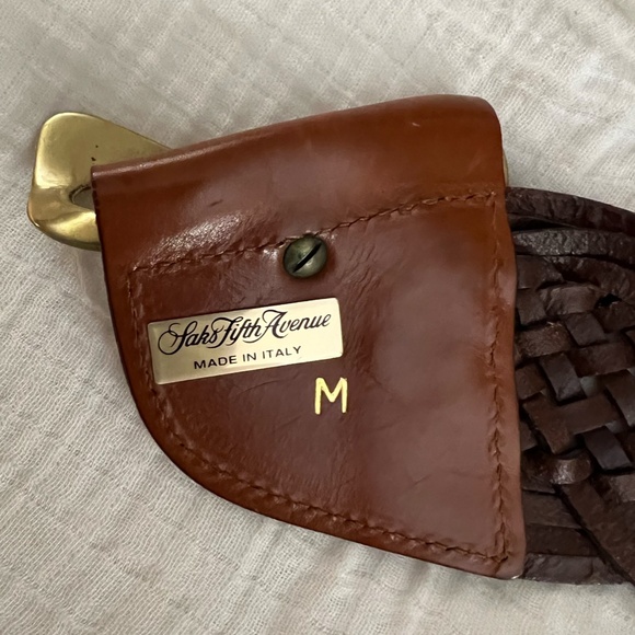 Saks Fifth Avenue Brown Braided Italian Leather Belt Gold Buckle &Accents Size M main image 2